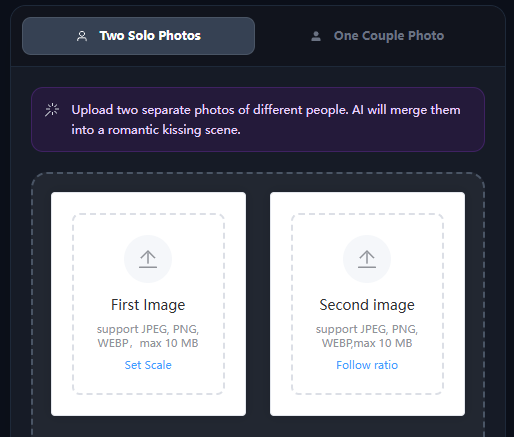 Step 1: Uploading photos for AI kissing generation