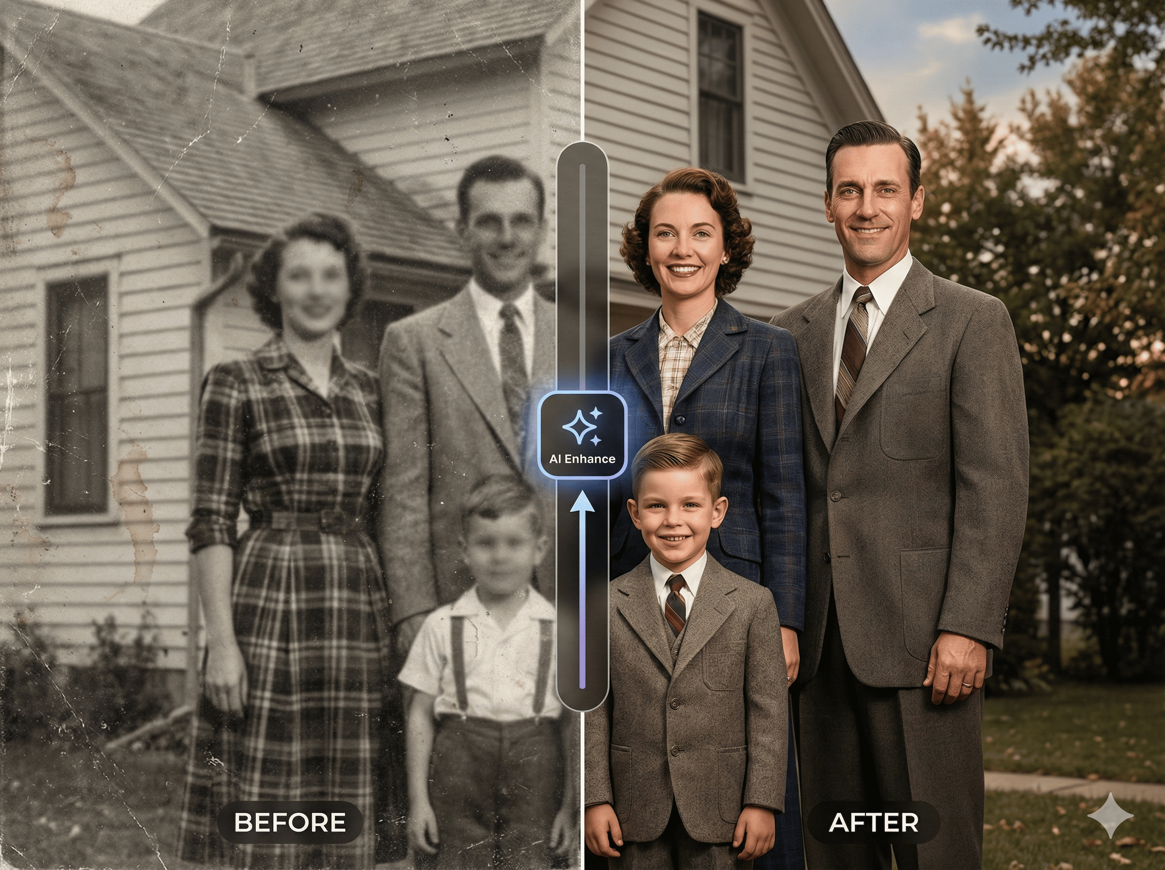 Before and after comparison of AI Image Upscaler enhancing a blurry photo to 4K