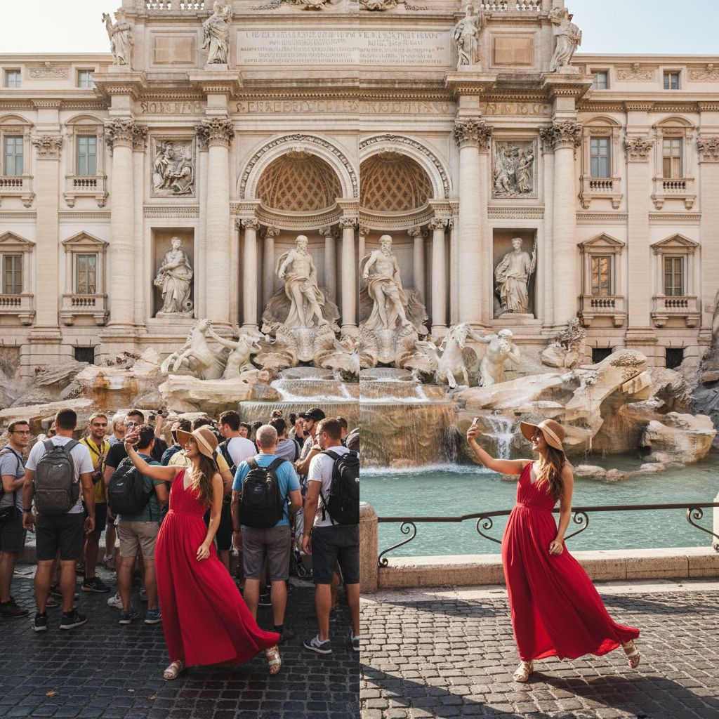 Remove tourists from travel photo before and after